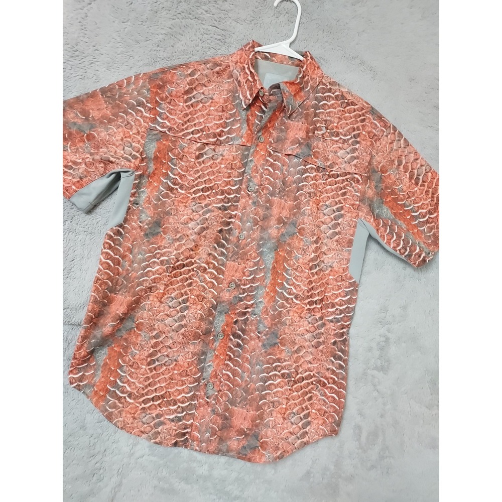 Reel Legends Mariner II Shirt Mens Small Fish Scale Print Fishing Orange Vented